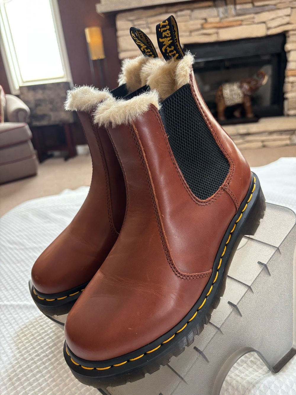 Dr. Martens Brown Leather Fur-Trim Chelsea Booties